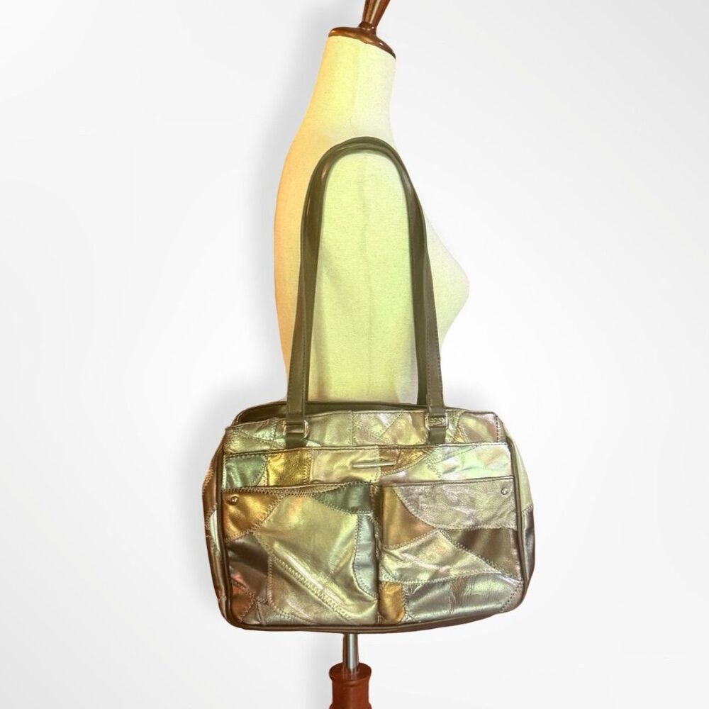 Jaclyn Smith, Leather Patchwork Metallic Copper Gold Silver Handbag, Y2K